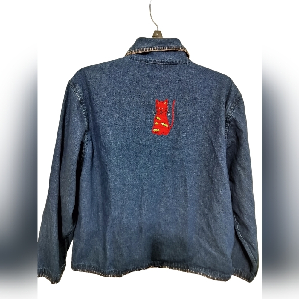 2072)Vintage Life Style Petite Applique Multicolor Cats Denim Button down Top PL - Picture 4 of 9